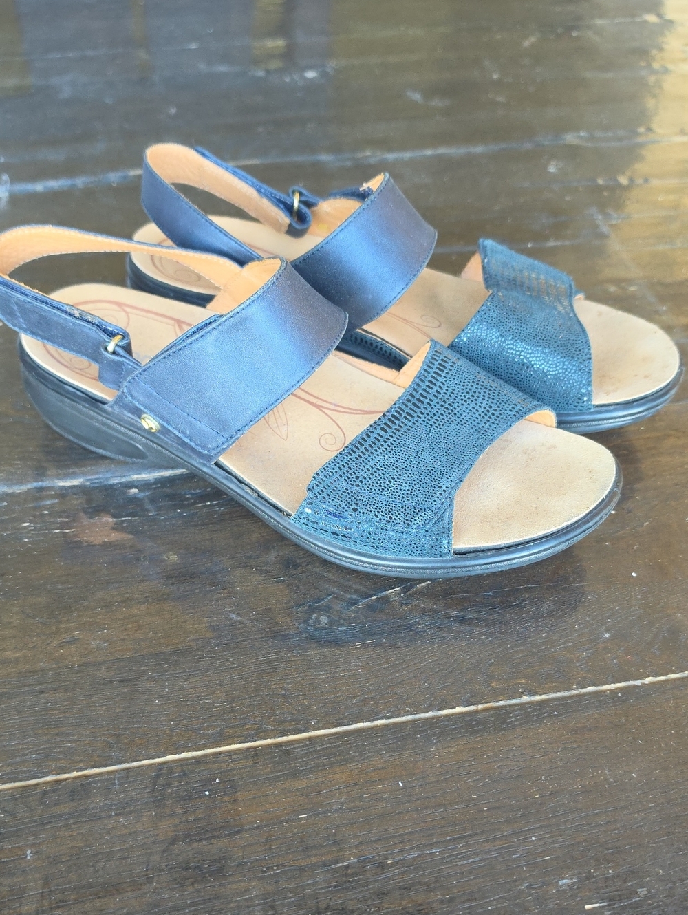 (9) Revere Navy Blue Textured Slingback Sandals Orthotics Summer Comfy Vacation